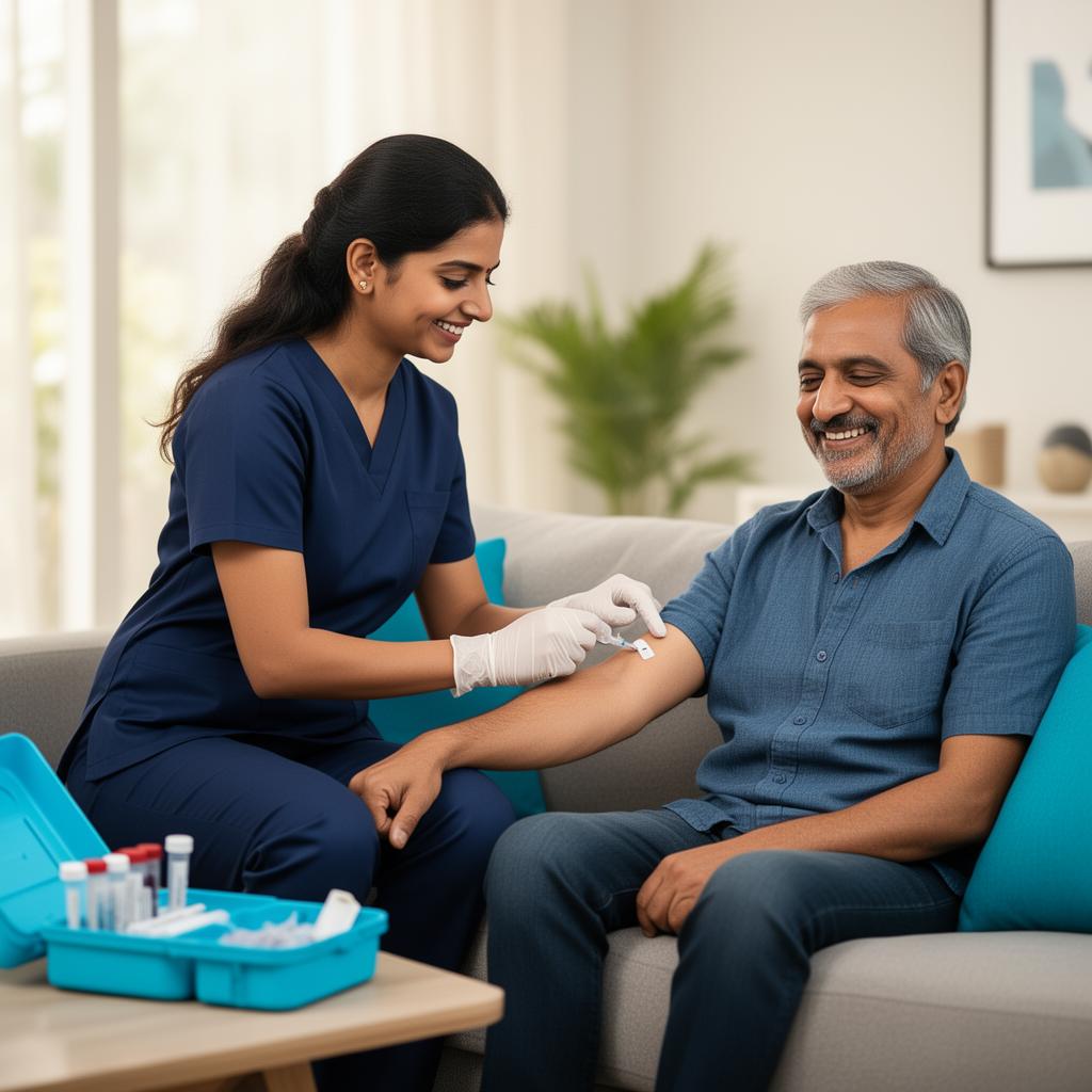 Phlebotomist collecting blood sample at home